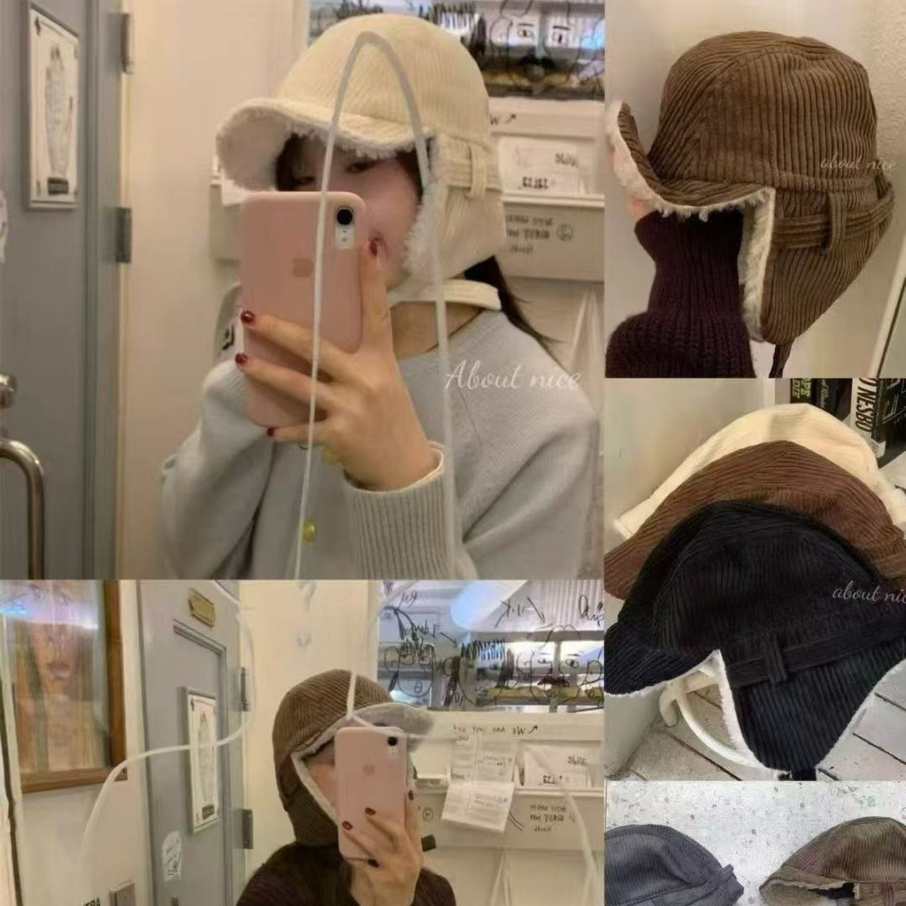 Cantika Vintage Corduroy Aviator Hat Hub Accessories with Earmuffs