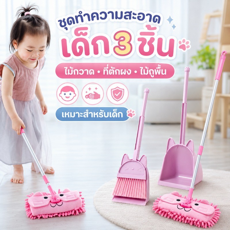 ไม้กวาดเด็ก+ไม้ถูสำหรับเด็ก 3 ชิ้น อุปกรณ์ทำความสะอาดเด็ก เสริมพัฒนาการ ของเล่นเสริมพัฒนาการ