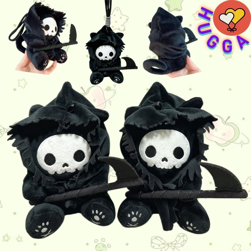 HUGGA สนุกฮาโลวีน Grim Reaper แมวพวงกุญแจตุ๊กตาสนุกแมวดํา Plushie ของเล่นของขวัญวันเกิดตกแต่งห้องวันเกิดคริสต์มาสของขวัญวันหยุดสําหรับแฟนสะสมขายส่ง