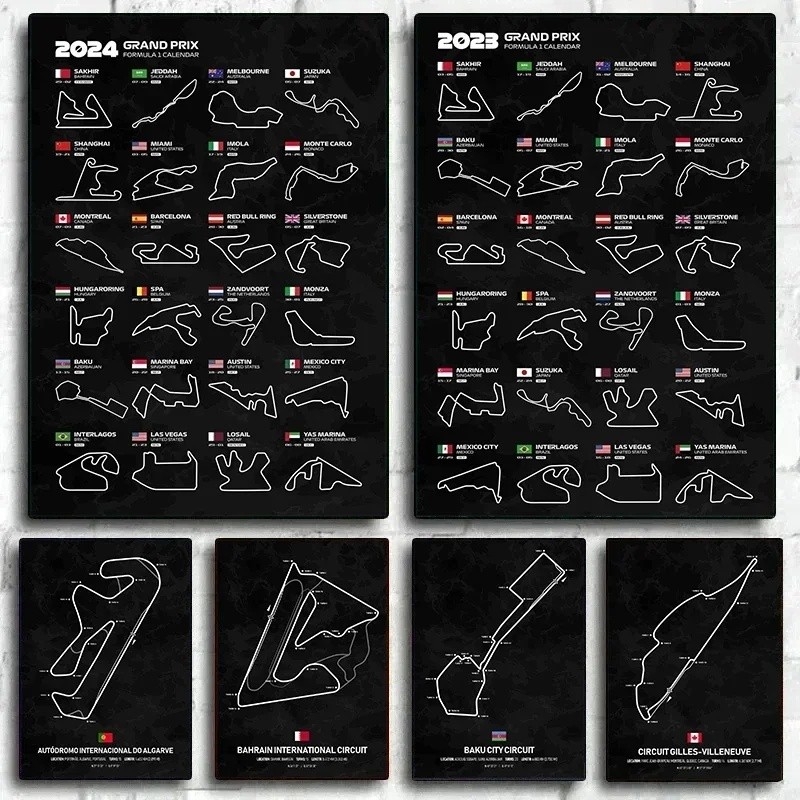 2024 F1 โมร็อกโก Vintage Season ปฏิทิน Wall Art โปสเตอร์พิมพ์ Racing Track Texture ภาพวาดผ้าใบภาพสํา