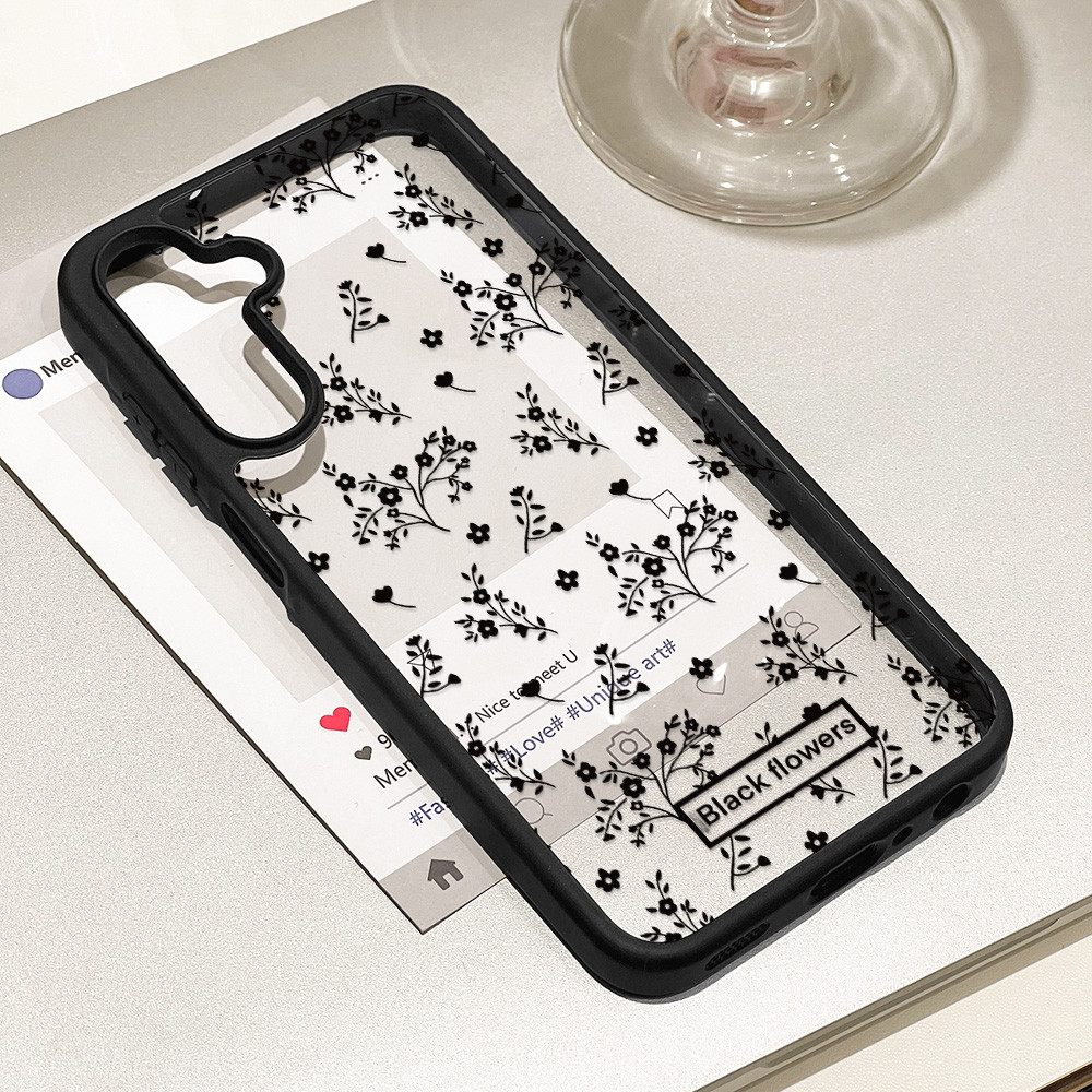 เคสโทรศัพท์อะคริลิกลายดอกไม้สีดำFor Samsung A17 A07 A56 A55 A57 A06 A37 A05 A15S S26 S25 S24Ultra A16 A26 A36 A25 A24
