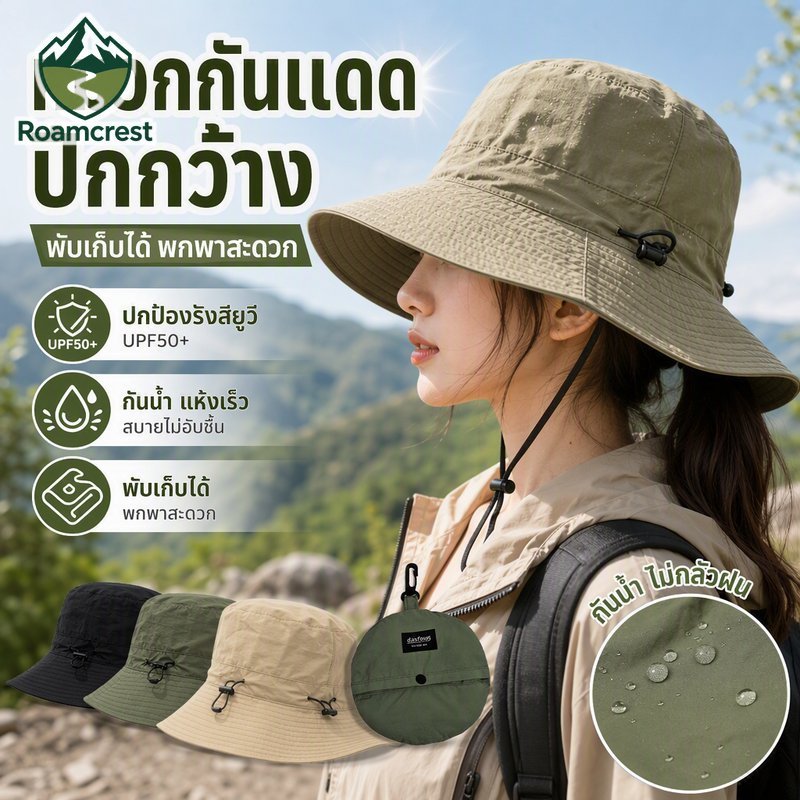 หมวกกันแดดปีกกว้าง UPF50 ป้องกันรังสียูวีกันน้ําแห้งเร็วสายคล้องคอพับได้ Unisex