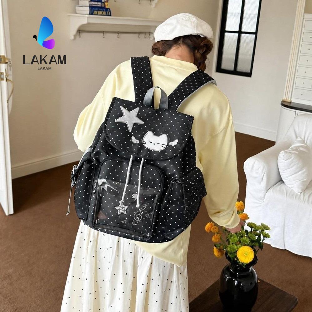 LAKAM Ita Backpack, Nylon Sweet Cat Drawstring Backpack, Kawaii Polka Dot Large Capacity Travel Dayp