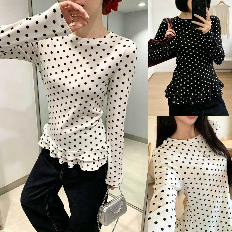 Anata เสื้อยืดแขนยาว 2026 รุ่นใหม่ ฤดูใบไม้ร่วง ชั้นในสไตล์เกาหลี ดีไซน์ลายจุด ลายขาว เสื้อผ้าสีขาว สำหรับผู้หญิง