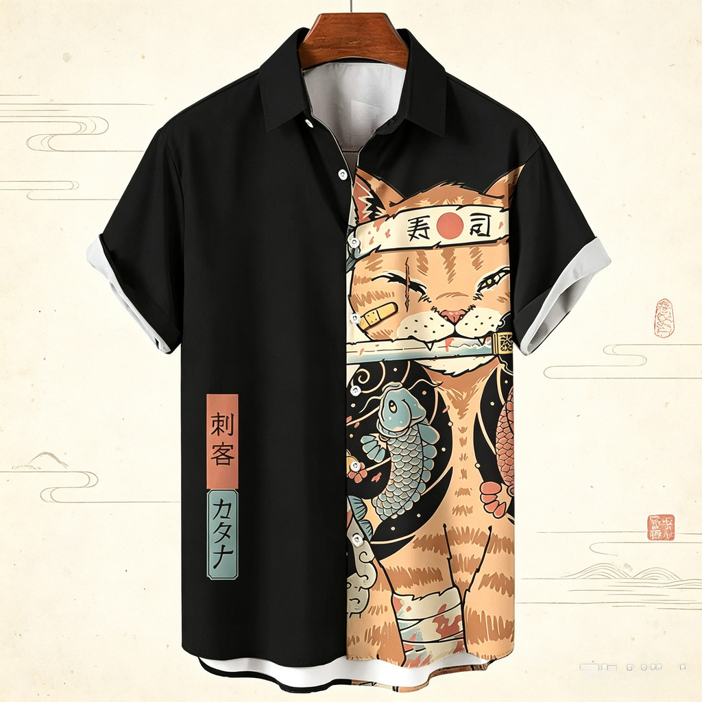 Fashion Men's Clothing Cool Samurai Cat Tops Summer New Men's Clothing Casual Short-Sleeved Anime Lo