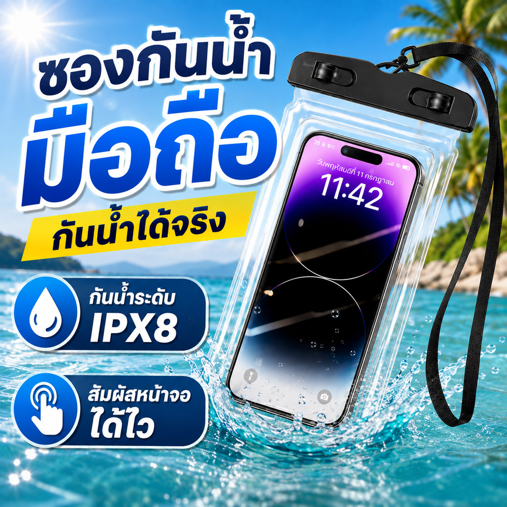 ซองกันน้ำมือถือ IPX8 กันน้ำลึก สัมผัสหน้าจอได้ ถ่ายรูปใต้น้ำ ชัดทุกมุม พกพาสะดวก สำหรับเที่ยวทะเล ดำน้ำ