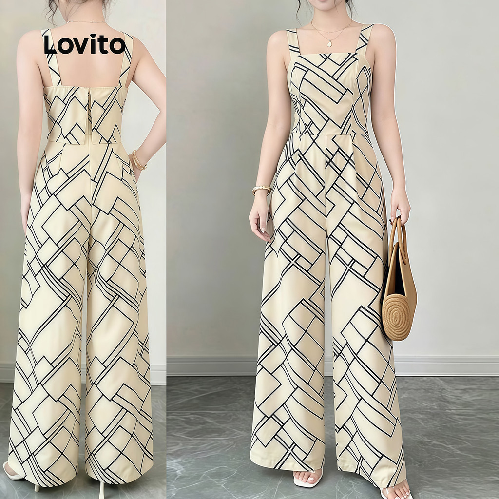 (New Arrival) Lovito จัมป์สูทผู้หญิงผูกด้านหลังลายเรขาคณิตสไตล์หรูหรา สําหรับฤดูใบไม้ผลิ/ฤดูร้อน LK6ED274
