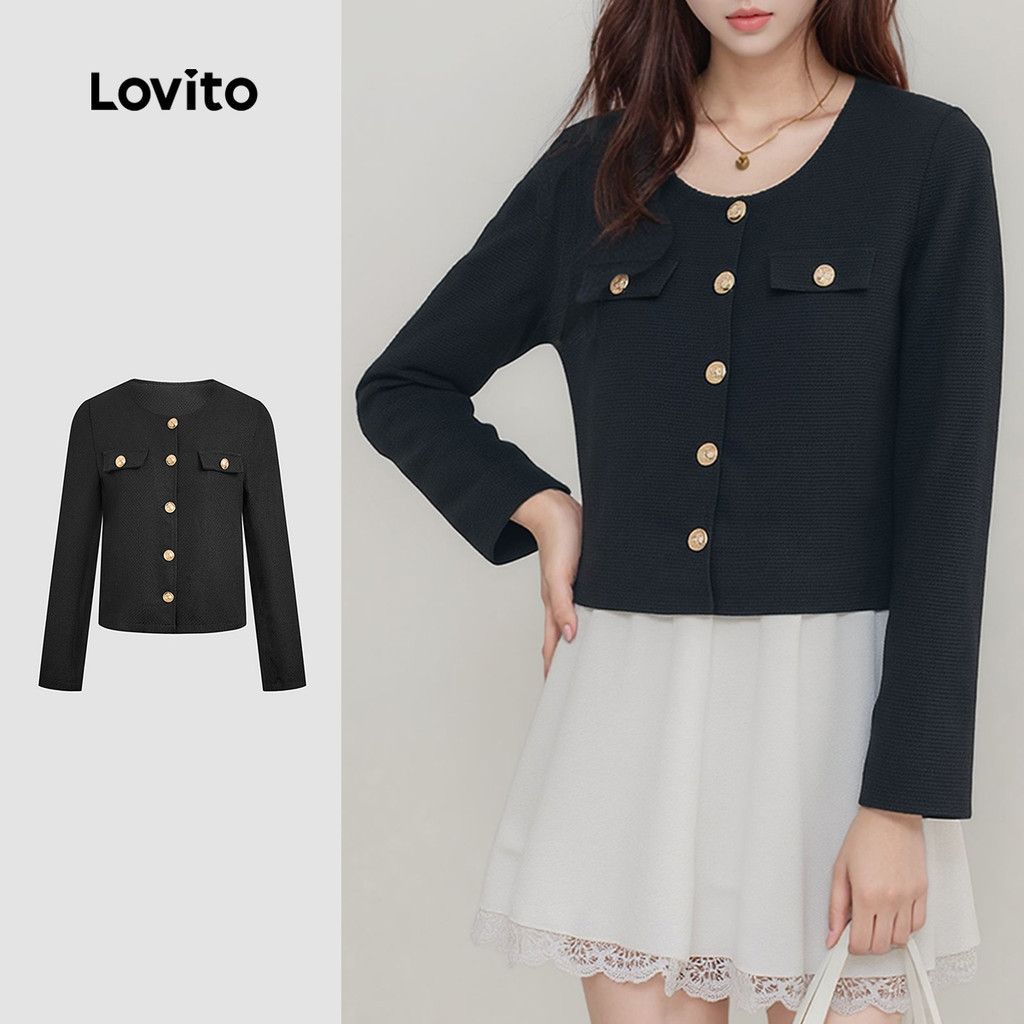 Lovito สง่างาม เสื้อโค้ทเสื้อโค้ทบุนวมสีพื้นสําหรับผู้หญิง เกาหลี อินเทรนด์ LNA71497