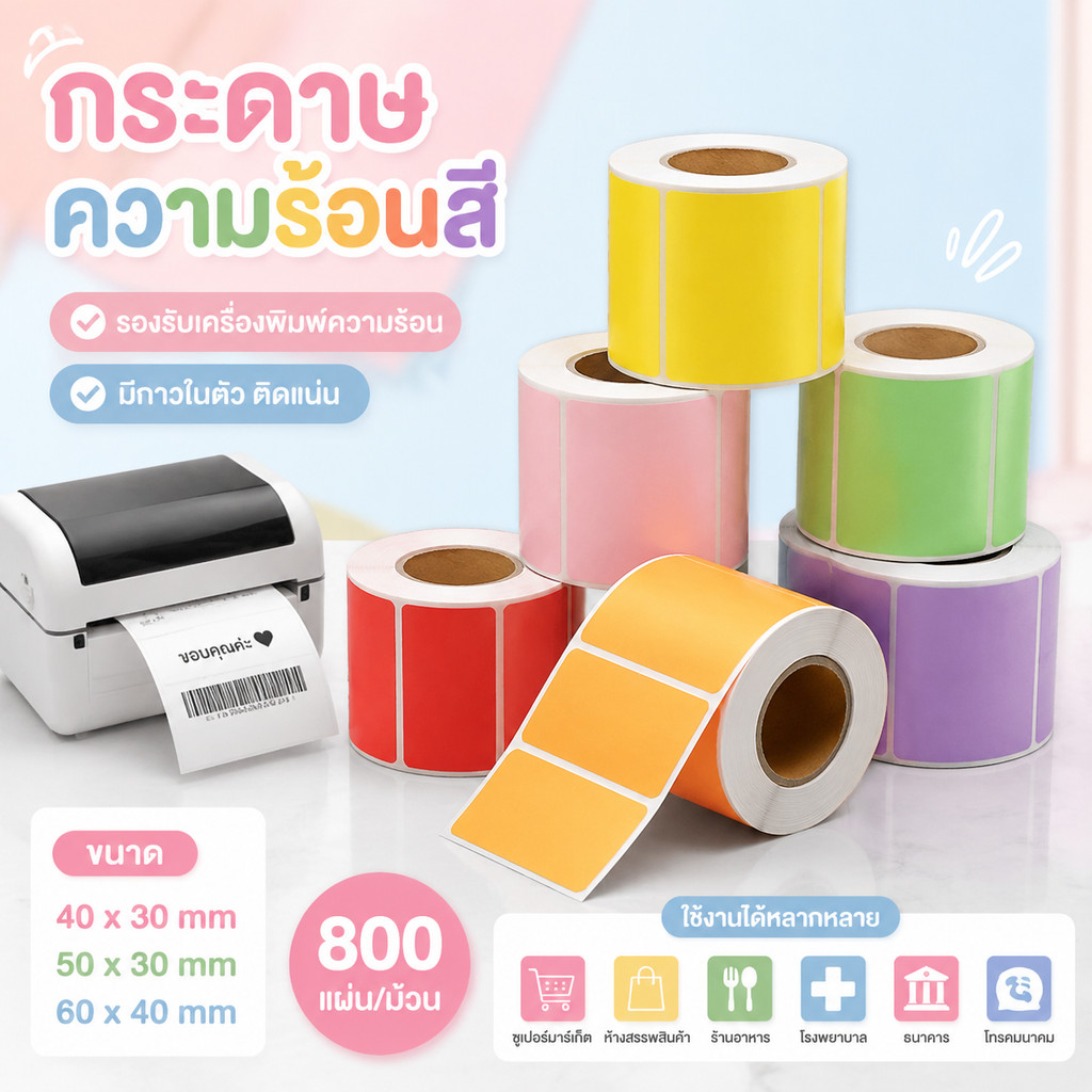 สติ๊กเกอร์ความร้อนสี สำหรับพิมพ์บาร์โค้ด ฉลากสินค้า วันหมดอายุ พิมพ์โลโก้ได้ มีขนาด 50x30/60x40 mm Label Sticker Color