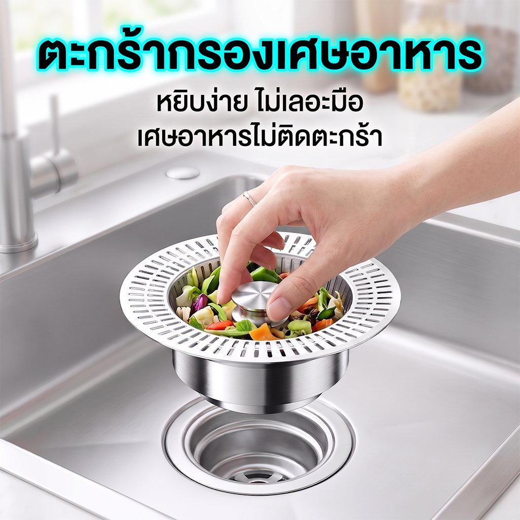 ที่ปิดฝาท่ออ่างล้างจาน แบบกดเด้ง สแตนเลส ตะแกรงกรองอ่างล้างจาน ป้องกันกลิ่น กันแมลง ถอดทำความสะอาดง่าย