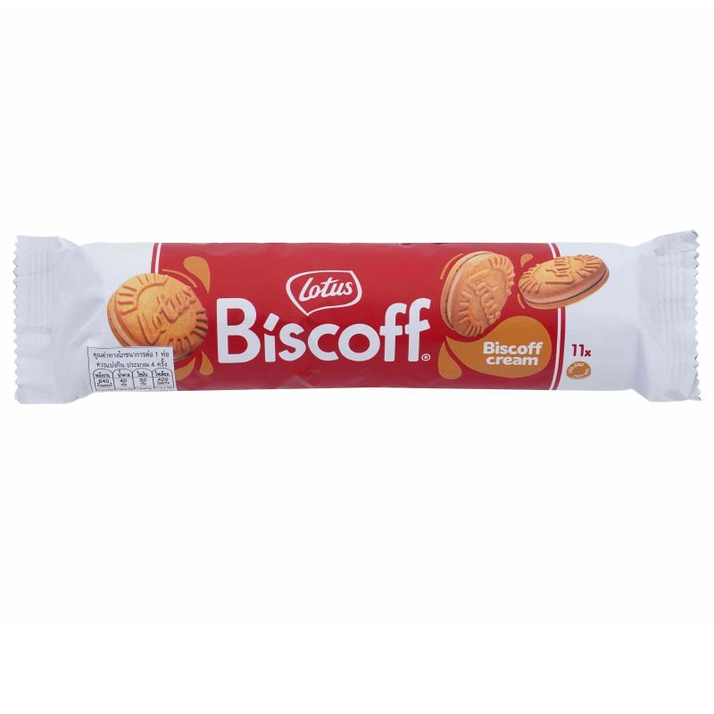 โลตัสบิสคอฟแซนวิชบิสกิตบิสคอฟครีม 110ก Lotus Biscoff Sandwich Biscuit Biscoff Cream 110g. [บาร์โค้ด 5410126676365]