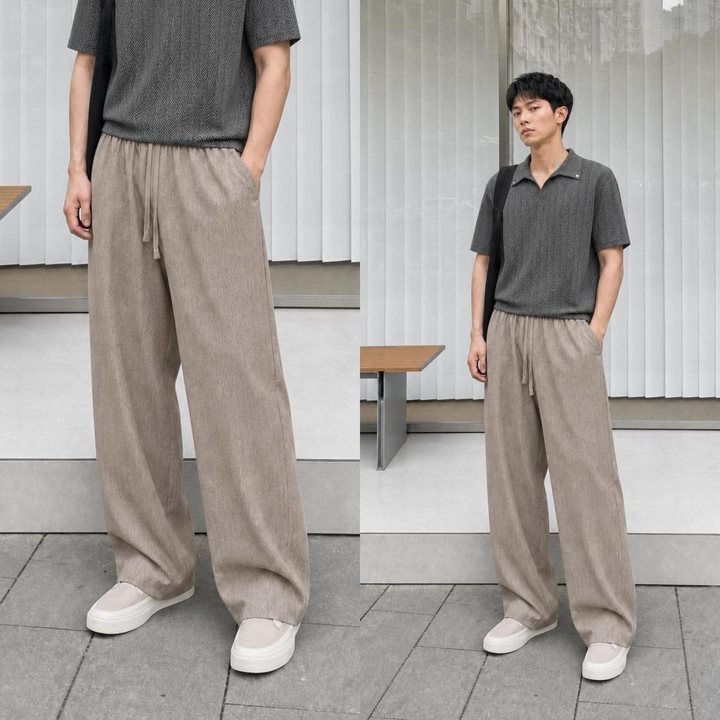 MNO.9 Pants K02 กางเกงขายาวทรงขากว้าง เอวยางยืดพร้อมเชือกปรับระดับ มี 2 สี Black / Oat ไซซ์ M–3XL บางเบาใส่สบาย