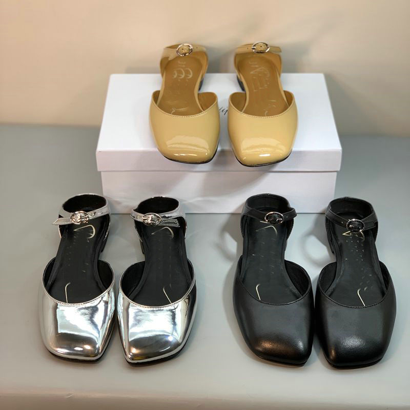 HNP3 Retro ของแท้หนัง Diagonal Toe Flat Toe Covered Hollow แบนสายคล้องคอผู้หญิงรองเท้าแตะ Mary Jane 
