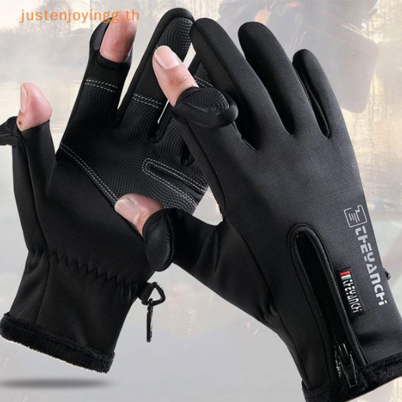 { JJTH } ถุงมือตกปลาฤดูหนาว 2 นิ้วพลิกกันน้ํากันลมขี่จักรยาน Angling ถุงมือ .