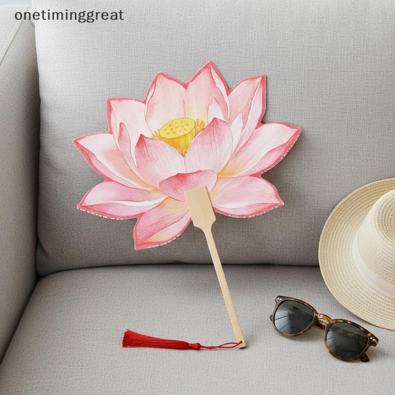 Onetiminggreat Lotus Shaped จีนโบราณพัดลมไม้ไผ่ Handle สีน้ําพิมพ์สําหรับ Hanfu คอสเพลย์ถ่ายภาพ OTA