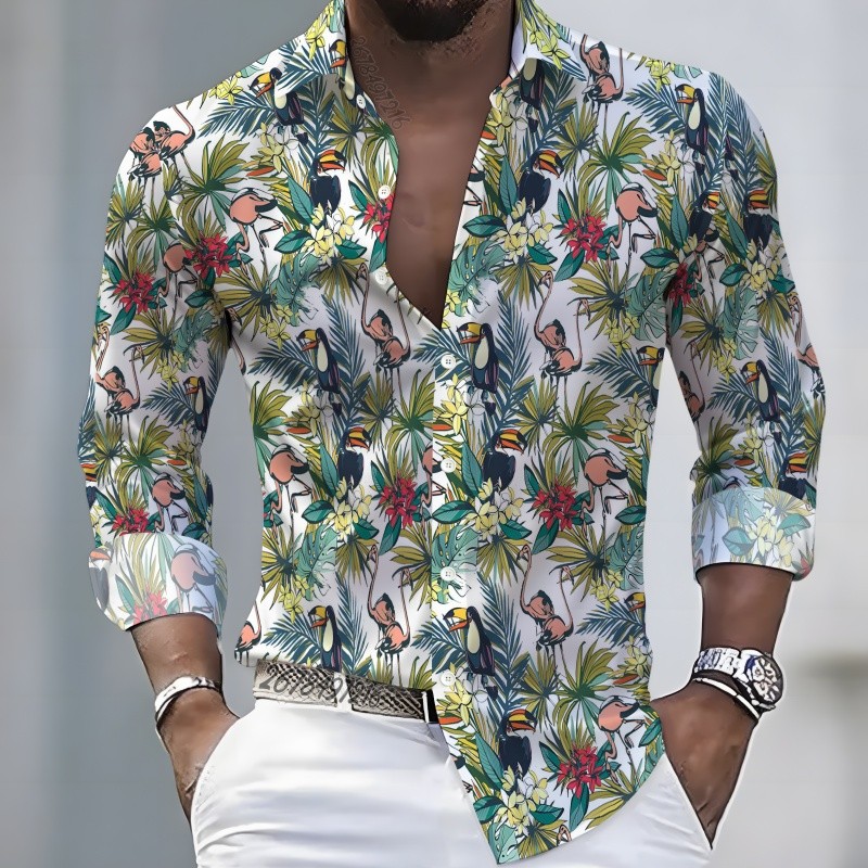 Men's Long-sleeve Printed Shirt, Stylish Men's Casual Vacation Hawaiian Shirt