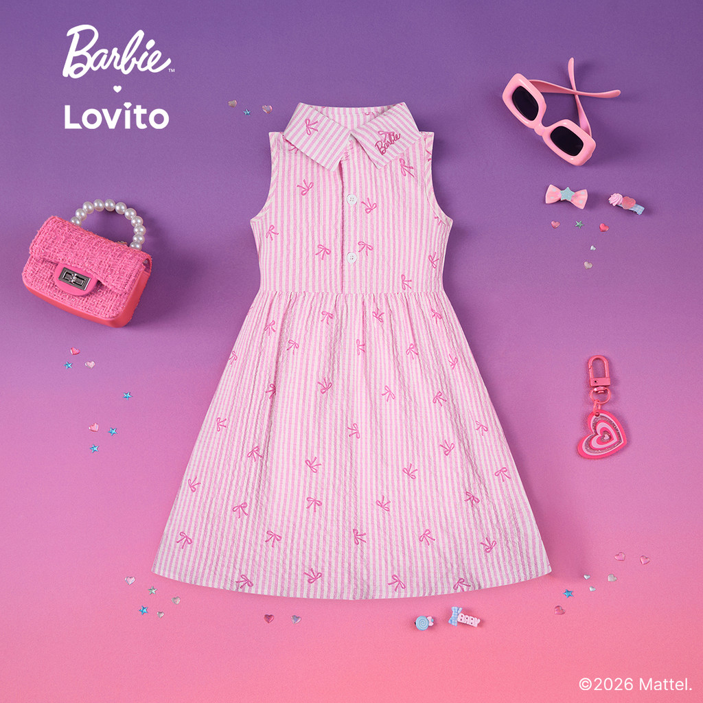 Barbie™ X Lovito Kids ชุดเดรสสีชมพูเด็กผู้หญิง ฤดูใบไม้ผลิ/ร้อน ทรงปลายขาเข่า ปักลายและกระดุม เกาหลี