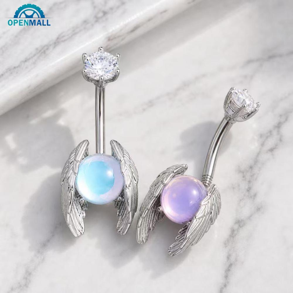 OPENMALL Hot Trend Ghost Wing Heart Navel Ring Sparkly Belly ปุ่มเจาะเครื่องประดับสไตล์ Body Decor อ