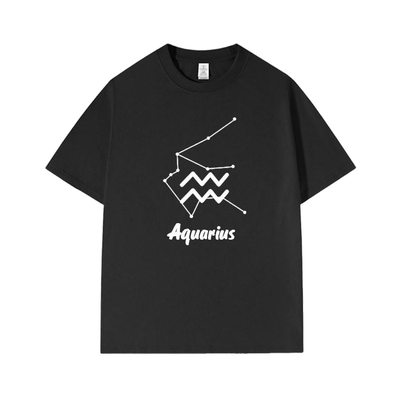 ลําลองหลวม Fit สีขาวฤดูร้อนลูกเรือคอ Top Unisex Minimal Aquarius Astrology ป้ายพิมพ์ Linked Star Con
