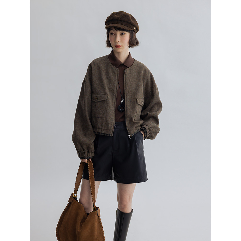 Dotdrobe More Wear M1u Series Wool Cargo Style Stitching Hem Round Neck Woolen Jacket Women-Moss Gre