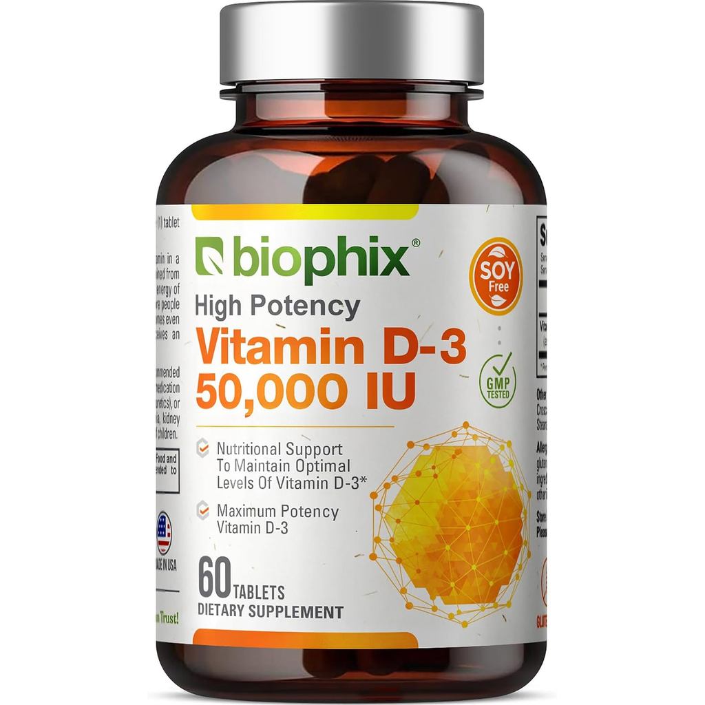 Biophix Vitamin D-3 50000 IU 60 เม็ด - ความอ่อนแอสูงรองรับสุขภาพภูมิคุ้มกันกระดูกที่แข็งแกร่ง