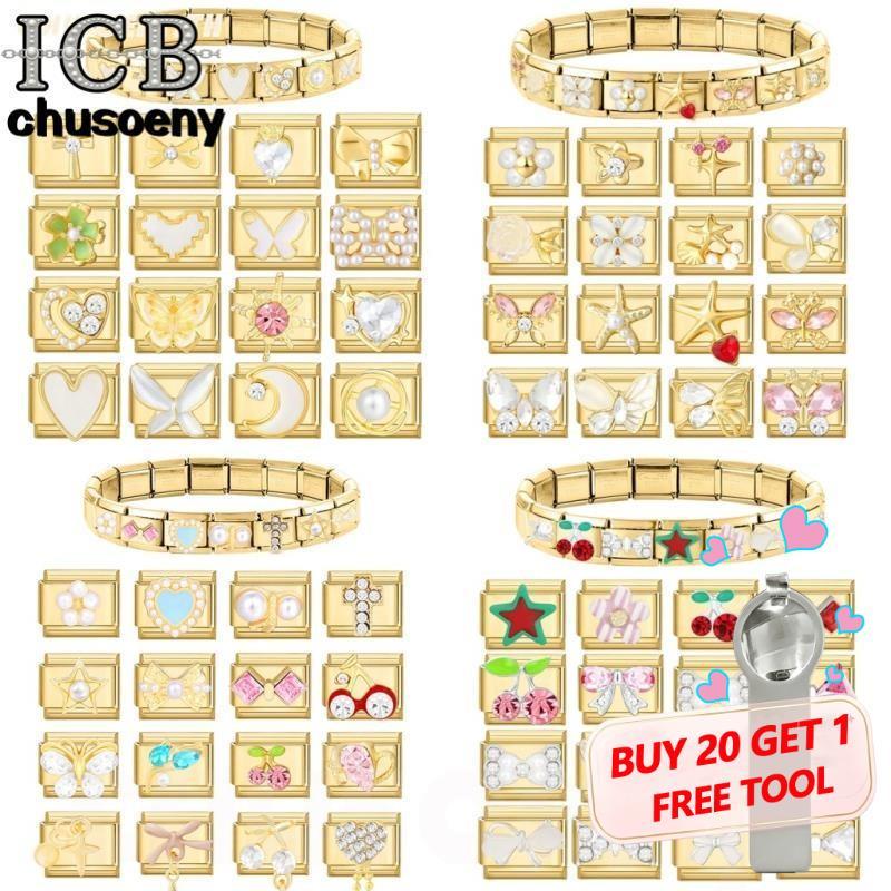 ยอดนิยม Love Golden Pearl Heart ดอกไม้อิตาเลี่ยน Charm Links Fit 9 มม.สร้อยข้อมือสแตนเลสทําเครื่องประดับ