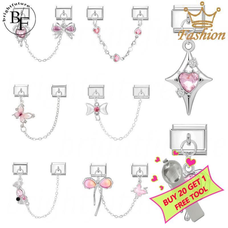 Pink Moon Cherry จี้อิตาเลี่ยน Charm สร้อยข้อมือ Fit 9 มม.สร้อยข้อมือสแตนเลสเครื่องประดับทําอุปกรณ์ DIY Retro บุคลิกภาพโมดูลสร้อยข้อมือ