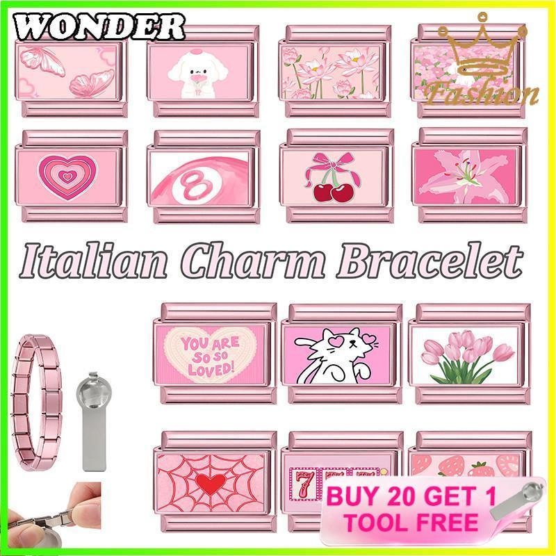 ผีเสื้อสีชมพูเชอร์รี่อิตาเลี่ยนสร้อยข้อมือ Charm Fit 9 มม.สร้อยข้อมือสแตนเลสเครื่องประดับทําอุปกรณ์ DIY Retro บุคลิกภาพโมดูลสร้อยข้อมือ