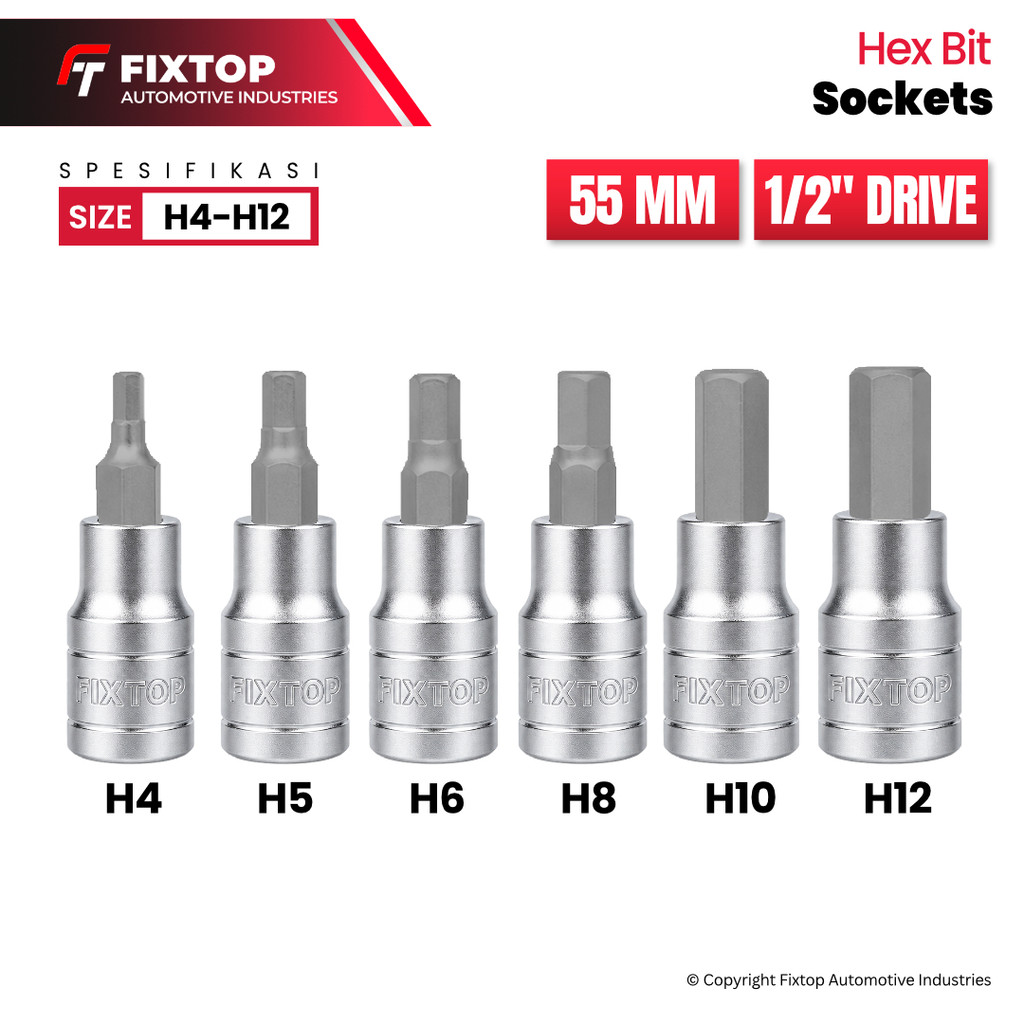 MATA FIXTOP CR-V เหล็ก Hex ซ็อกเก็ตบิต H4 H5 H6 H8 H10 H12 Hex Bit ซ็อกเก็ต 1/2 นิ้วสั้น 55 มม.