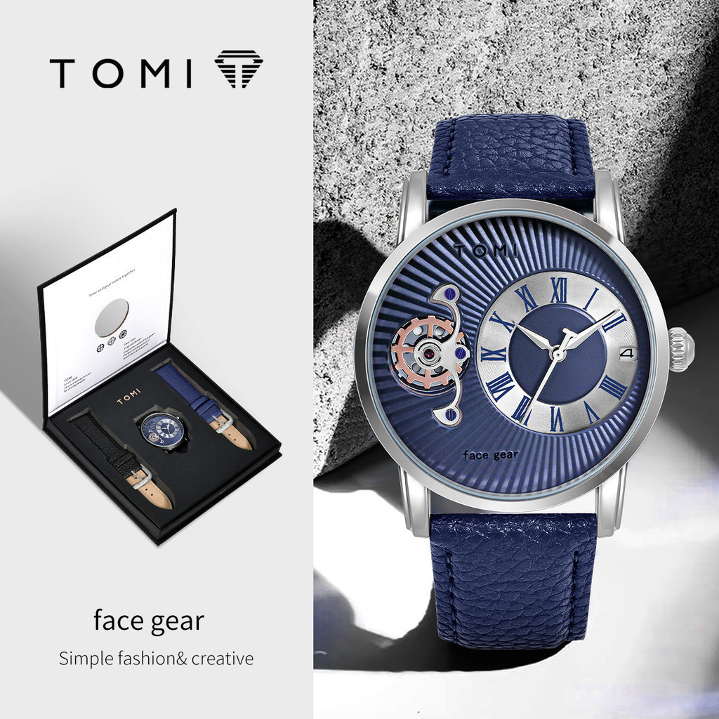 TOMI FACE GEAR Series นาฬิกาผู้ชายกล่องของขวัญสายหนังกันน้ํา Casual Business Quartz Watch