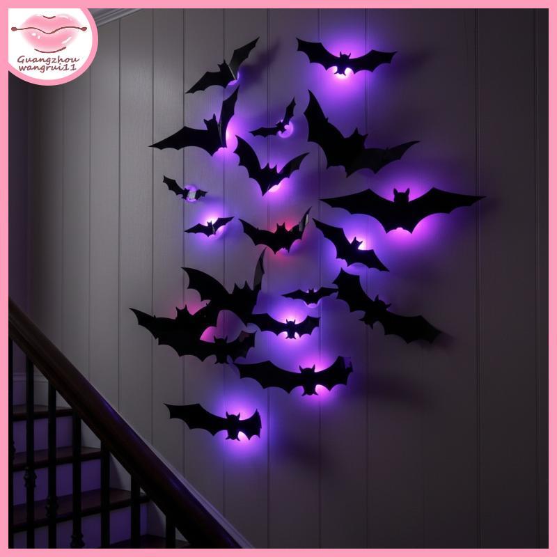 [GZ] 3D LED Bat Wall Decals วัสดุ PET 12/24 ชิ้นน่ากลัว Luminous Stiers สําหรับฮาโลวีนห้องนอนห้องนั่