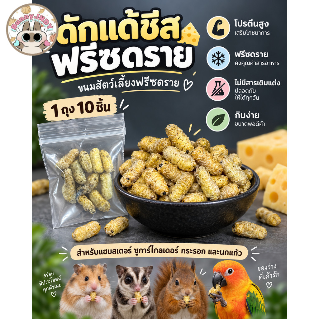 Bunny.indy ดักแด้ชีสฟรีซดราย ขนมสัตว์เลี้ยงขนาดเล็ก 1 ถุงมี 10 ตัว หอม อร่อย ได้ประโยชน์เต็มคำ