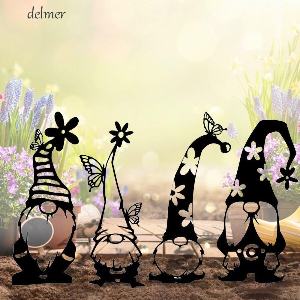 ป้าย DELMER Gnome, สวนอะคริลิค 2D Gnomes Stake, Gnome Silhouette Hollow Out กันน้ํา Black Gnome Grou