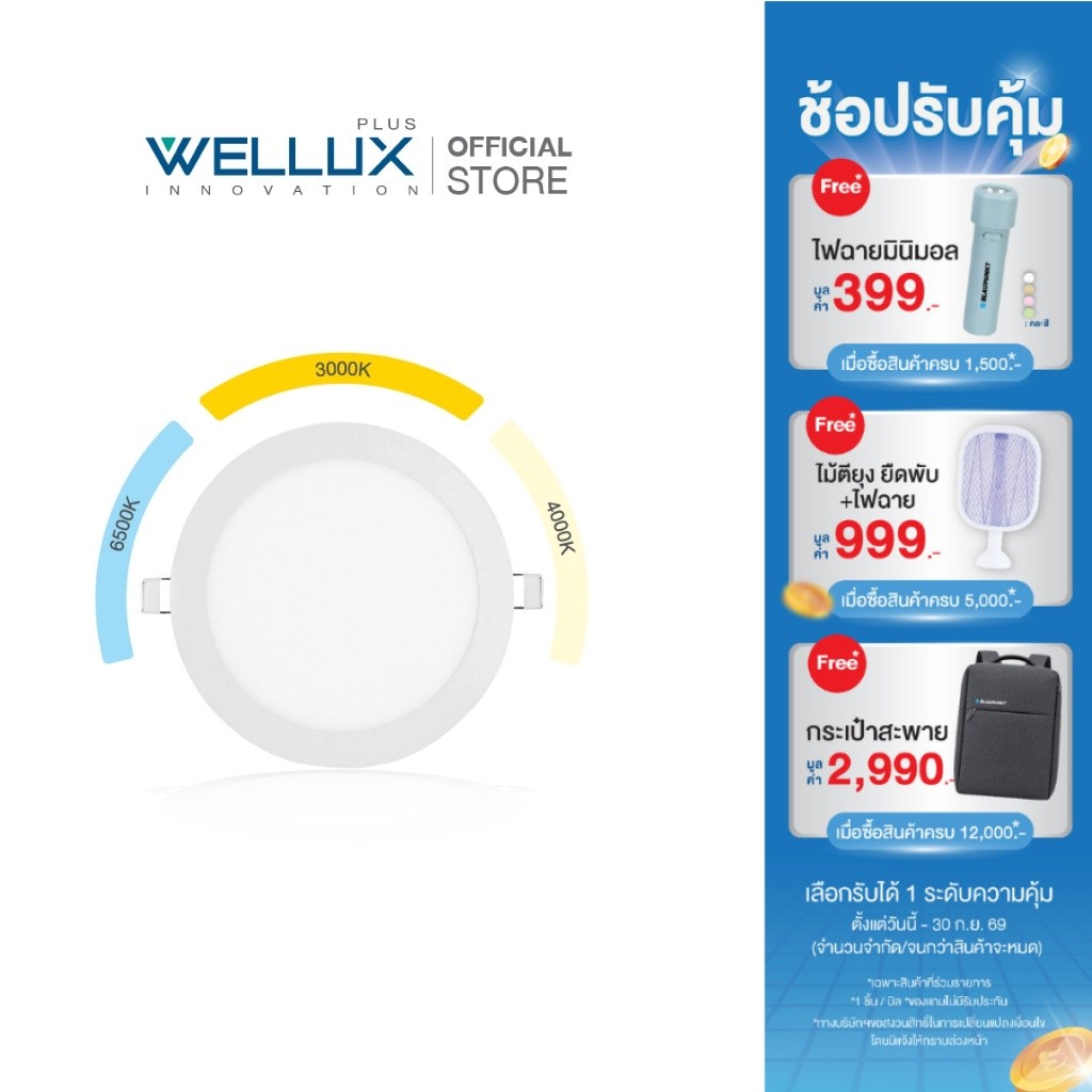 [3แสง]WELLUX โคมไฟดาวน์ไลท์ฝังฝ้า 9W 12W 15W ปรับได้ 3 แสงในโคมเดียว LED Downlight Panel light