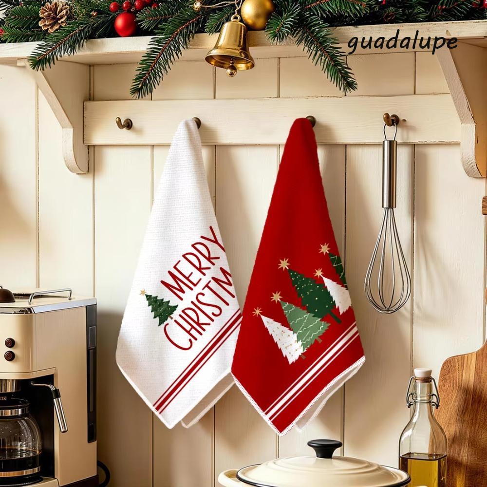 GUADALUPE 2 ชิ้น Merry Christmas Kitchen Towel, Fade-proof Star Christmas Tree Pattern Kitchen Hand 