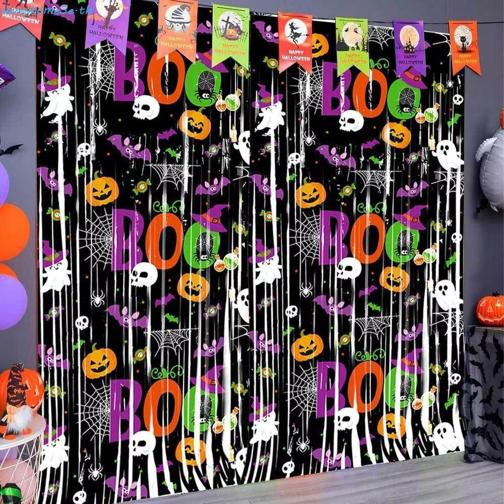 SEVENHOME3E ฟักทอง Ghost Bat ผ้าม่าน, 1X2M ประกายฮาโลวีน Tinsel ผ้าม่าน, ตกแต่งวันหยุดนํากลับมาใช้ให