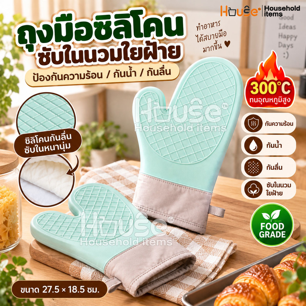 ถุงมือไมโครเวฟ/เตาอบ กันความร้อน300°C กันลื่น กันน้ำ ถุงมือซิลิโคนกันความร้อน ถุงมือกันความร้อน ถุงมือเตาอบ ห้องครัว