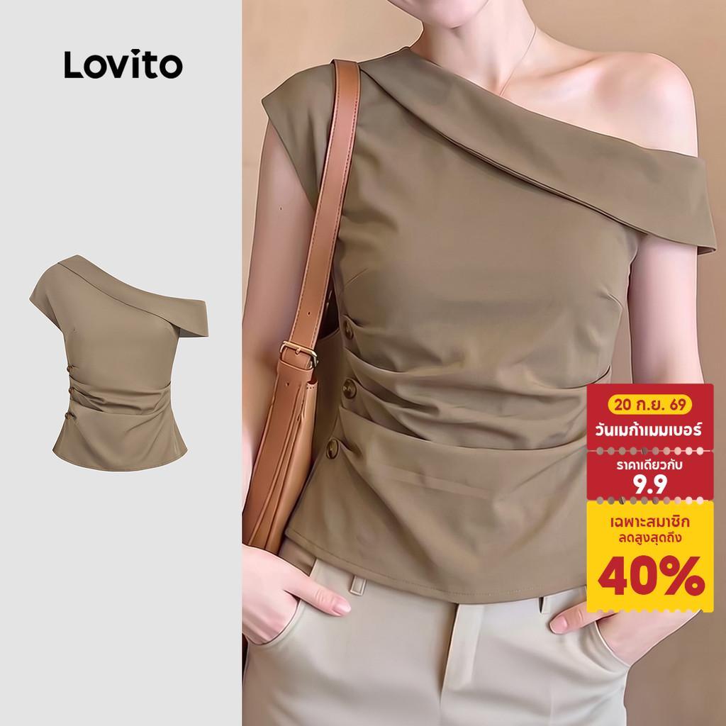 Lovito เสื้อเชิ้ตผู้หญิงลําลอง แขนล้ํา ทรงไม่สมมาตร ปุ่ม สําหรับฤดูใบไม้ผลิ/ฤดูร้อน สีคากี L198ED056