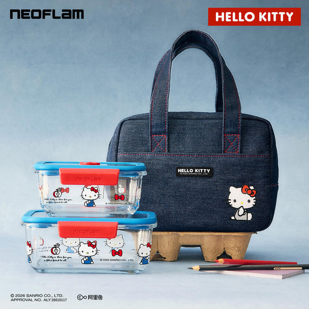 พร้อมส่ง / Hello Kitty x Neoflam กล่องข้าวเนื้อแก้ว ลายคิตตี้ / ฝาปิดสนิท / รุ่นสีฟ้า