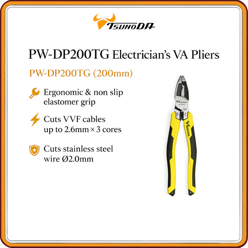 TSUNODA PW - DP Series Electrician’s VA Pliers 175 mm & 200 mm High Leverage Multi Function VVF Cable & Stainless Wire Cutter with Ergonomic Grip, Made in Japan