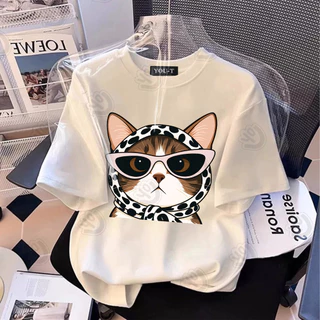 Teddy Tee 💖 เสื้อน่ารักเสื้อสาวอวบ OVERSIZE พิมพ์ลาย "Cool Cat" เสื้อแฟชั่น เสื้อคอกลม ผ้าCOTTON โคตรนุ่ม【COD】
