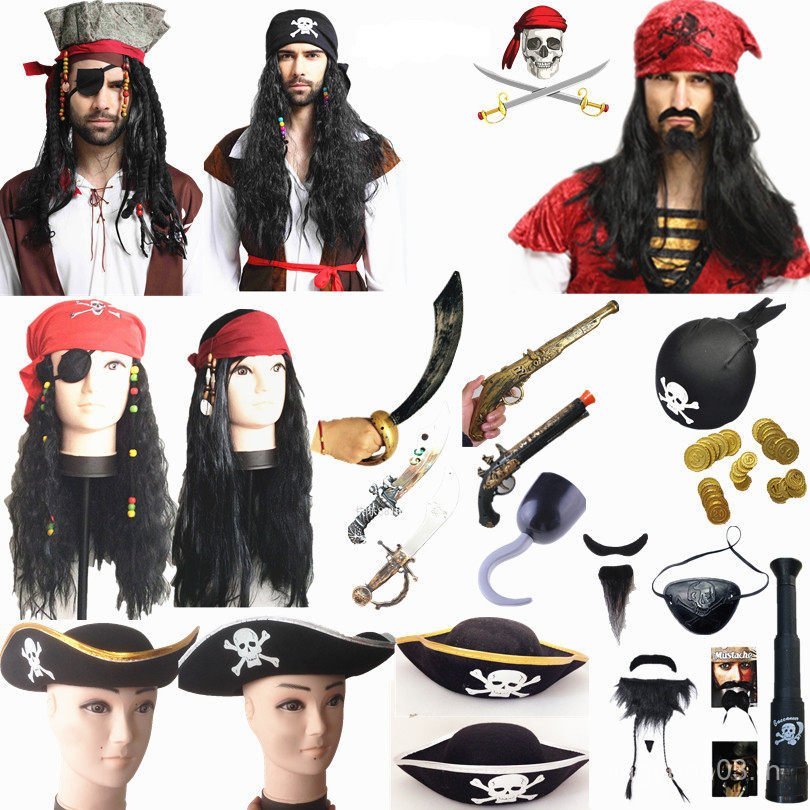อุปกรณ์ประกอบฉากฮาโลวีน Pirates of the Caribbean หมวกโจรสลัดตะขอเคราวิกผม Blindfold เหรียญทองถุงเท้า