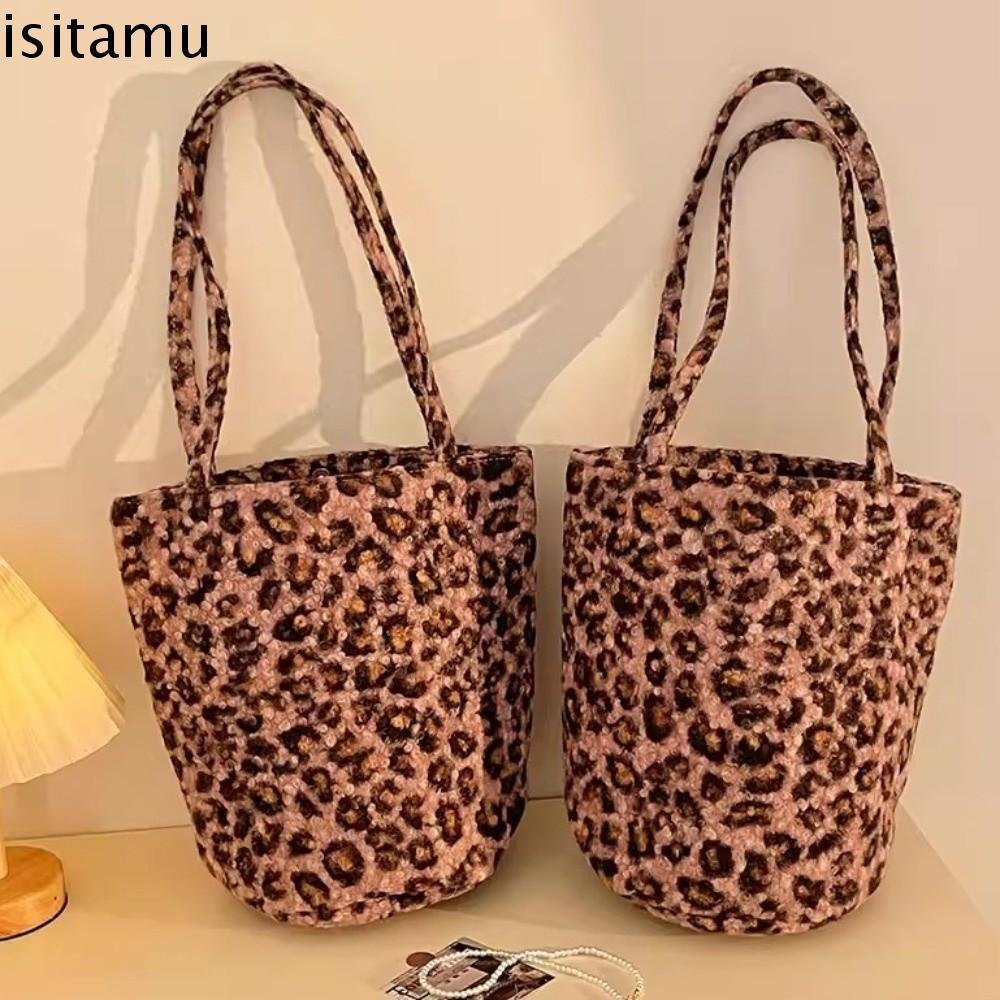 ISITAFT Leopard Plush Tote Bag, Leopard Print Plush Korean Leopard Shopping Bag, Multi-functional Do