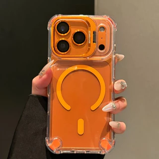 เคสโทรศัพท์แม่เหล็กโปร่งใสสําหรับ iPhone 11 12 13 14 15 16 17 Pro Max Air Plus วงเล็บเลนส์ป้องกันกรณีฝาครอบ