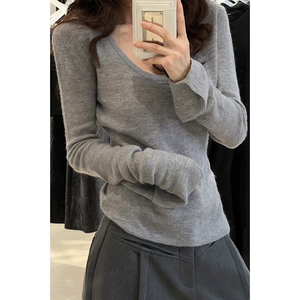 COD 2026 Big U-คอสีเทาถักBottomingเสื้อผู้หญิงฤดูใบไม้ร่วงฤดูหนาวสไตล์เกาหลีSlim-fit SlimmerดูBig Ne