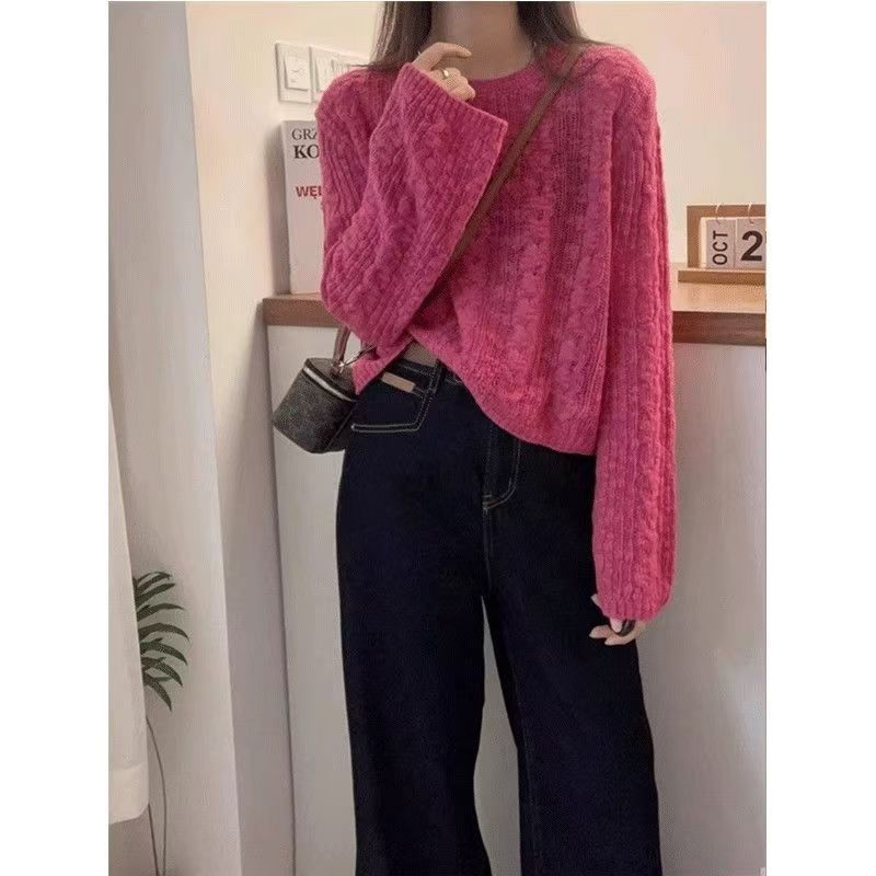 ฤดูใบไม้ผลิฤดูใบไม้ร่วงสไตล์ใหม่รอบคอแฟชั่นแขนยาวขี้เกียจเสื้อถักหลวมบางสั้นสไตล์แฟชั่นสีทึบด้านบนเส