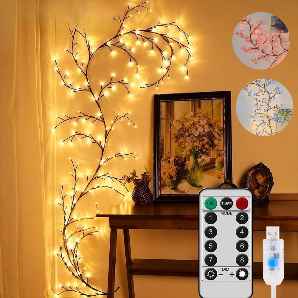 1PCS 72LED/96LED/144LED สาขาต้นไม้โคมไฟ USB Powered DIY เทศกาลต้นไม้ Vine Light สําหรับตกแต่งบ้านพลังงานแสงอาทิตย์ Willow Vine ไฟ 8 โหมดระยะไกล