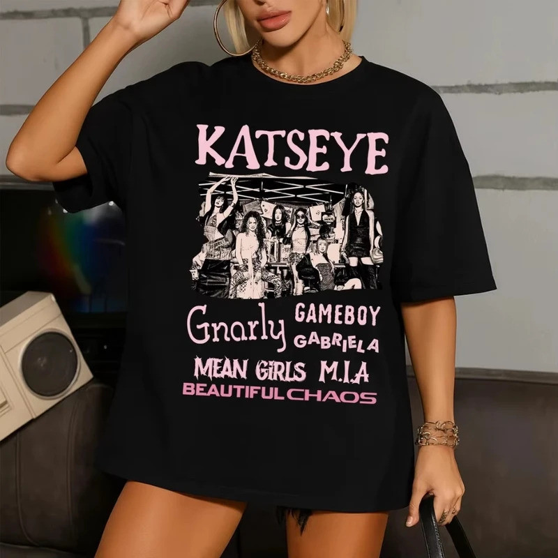 Retro Katseye Beautiful Chaos Cotton T-shirts Kpop Tee Gift for Man Women Oversized Graphic Short Sl