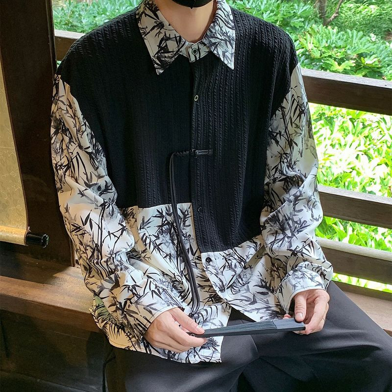 เสื้อเชิ้ตแขนยาวลายไม้ไผ่สไตล์จีน ดีไซน์ลำลองทรงคล่องตัวสำหรับผู้ชาย โดย EERSHENSHI