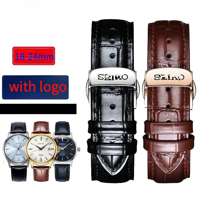 18-24 มม.นาฬิกาหนังวัวแท้สําหรับ Sieko No.5 สีดําสีน้ําตาลสีฟ้าหนังนาฬิกาสร้อยข้อมือ Lo * go